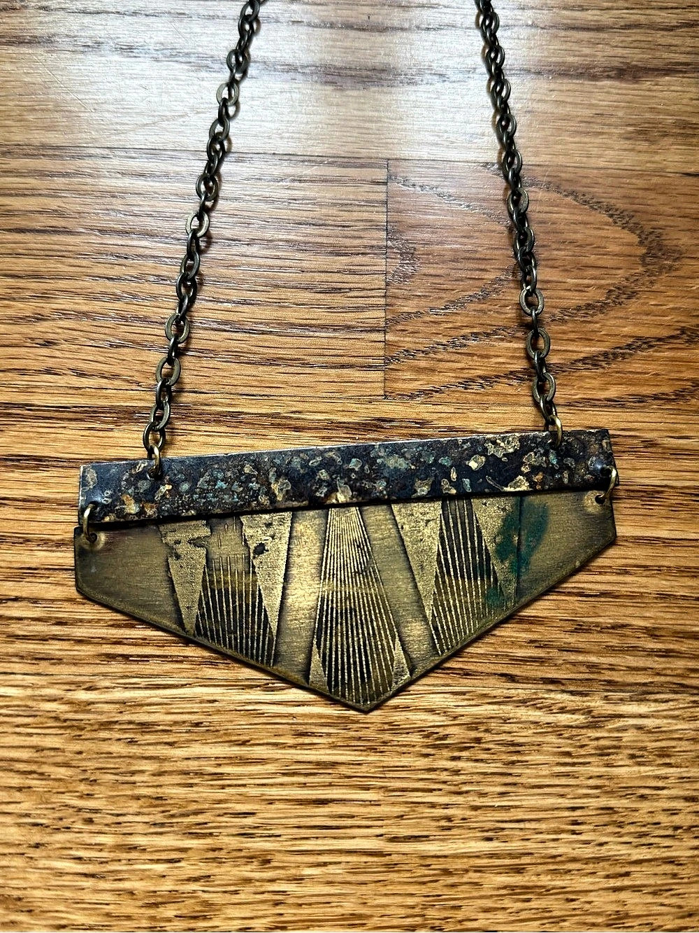 Geometric Brass Pendant Necklace in Gold with Patina, handmade, one of a kind
